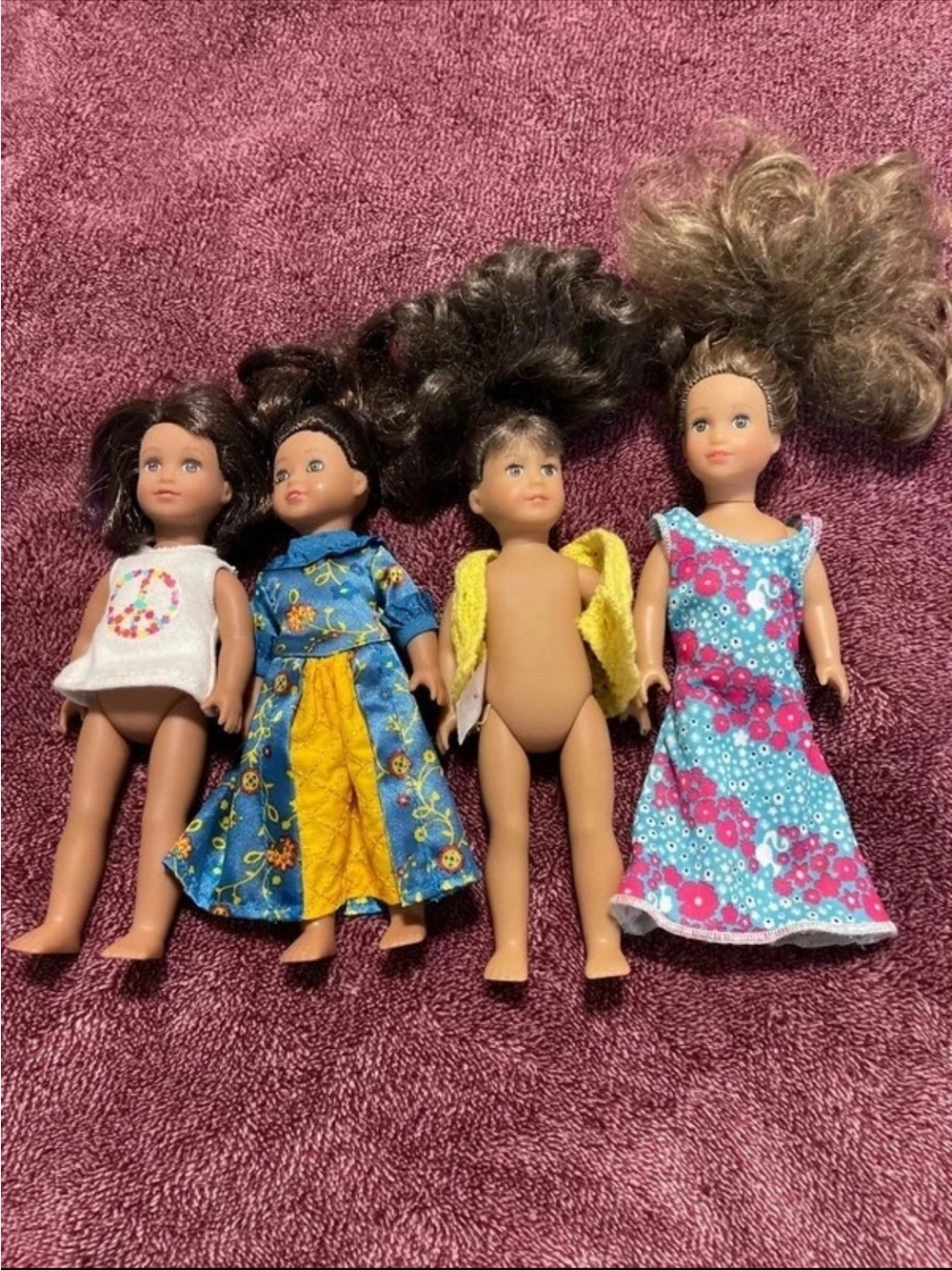 American Girl Mini Dolls Set with Blue, Yellow, Pink, White Clothing